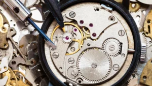Intricate gears and components of a mechanical watch under repair in Orlando