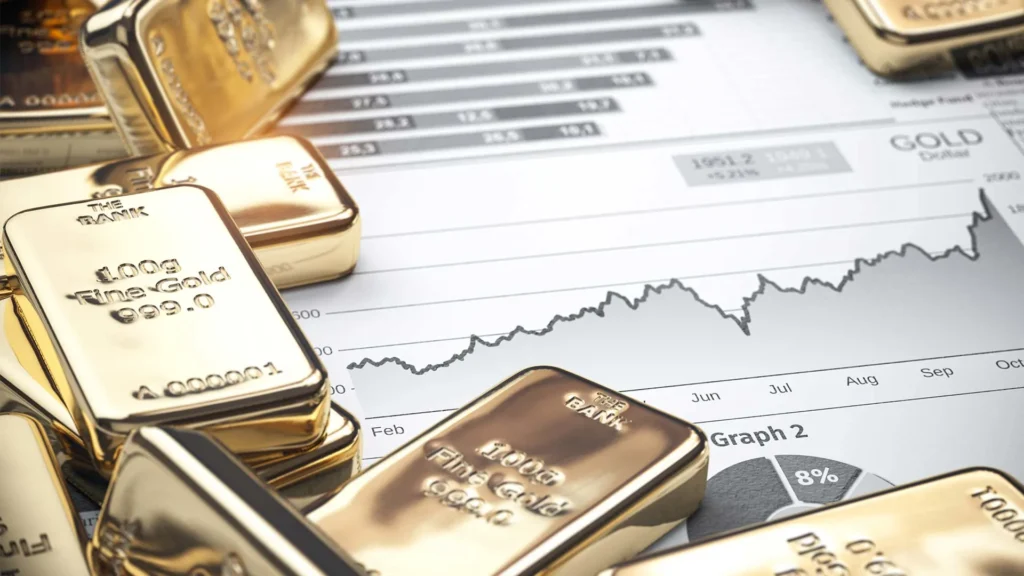 Gold bars resting on a financial chart with an upward trend, symbolizing gold investment and market growth
